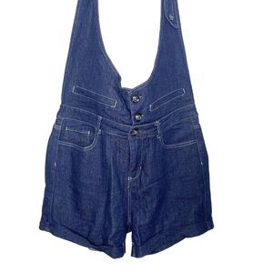 KO KO AILIS Romper Denim Halter Shorts Button Stretch Cuffed Retro Women 14 Blue